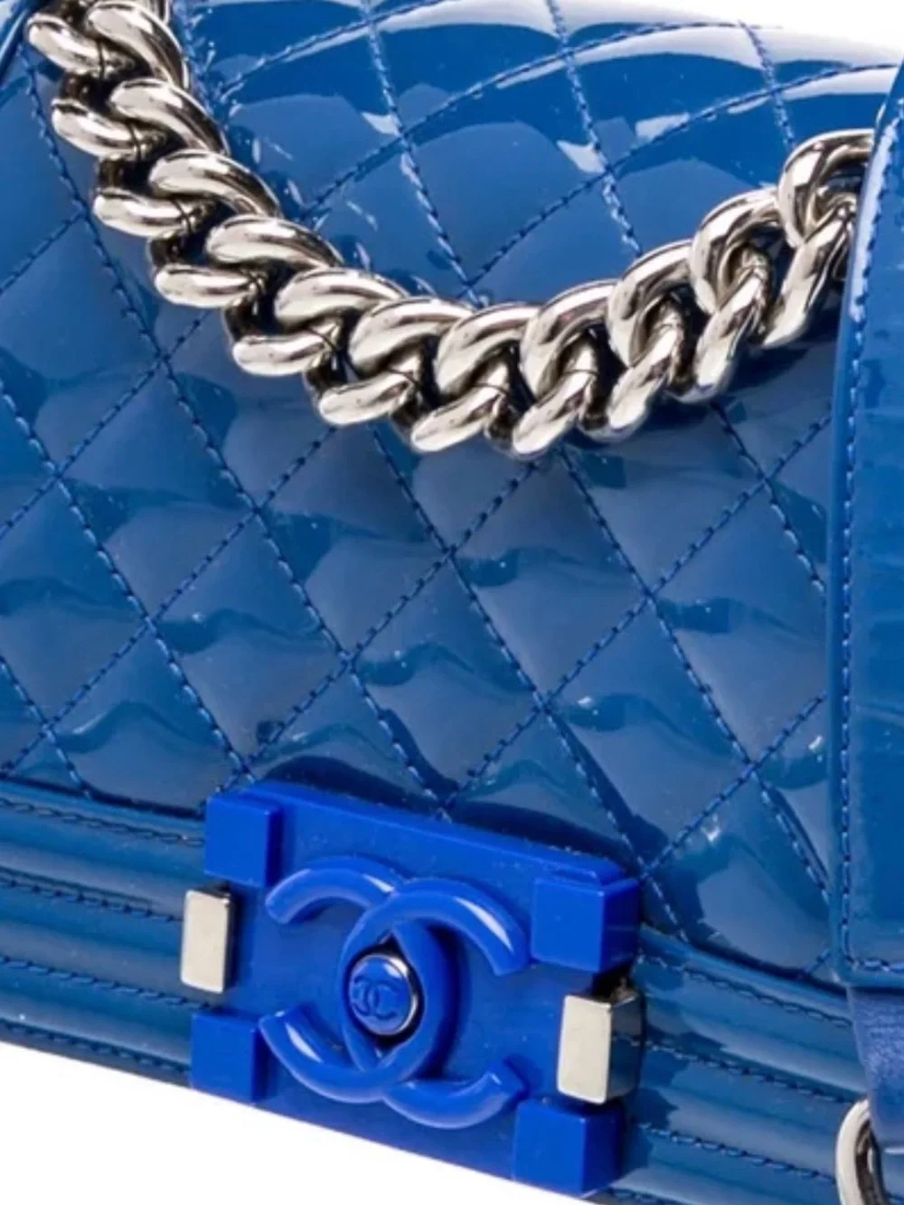 CHANEL 2022 Glossy Patent Quilted Blue Shoulder Bag with Silver Chain